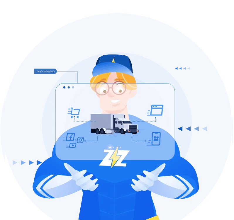 Buzznerd mascot — a friendly superhero presenting a dealership platform with a truck, ecommerce, social, and app integrations
