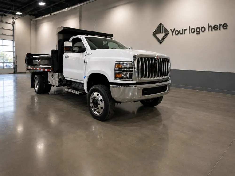 Enhanced photo of the same truck on a clean branded backdrop